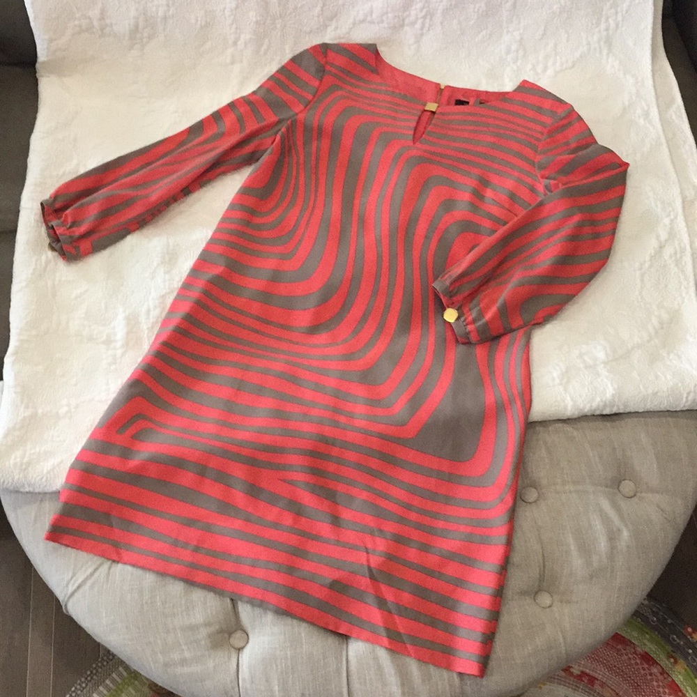 Tahari coral & taupe, zip back, gold buttons dress